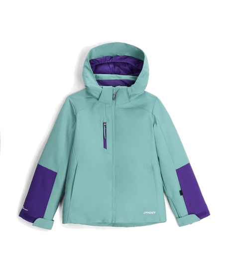 Spyder Mila Junior Jacket ski jacket -- front view on model showing insulated shell and hood at Willis Ski and Board