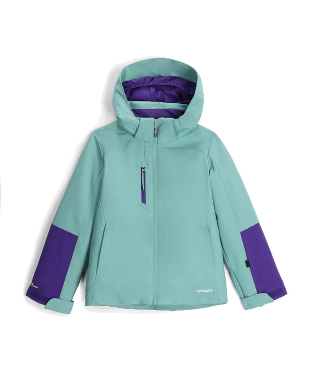 Spyder Mila Junior Jacket ski jacket -- front view on model showing insulated shell and hood at Willis Ski and Board