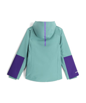 Spyder Mila Junior Jacket ski jacket -- Sea Glass colorway front view on model with hood and cuffs