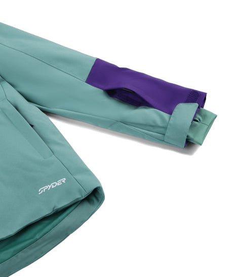 Spyder Mila Junior Jacket ski jacket -- Sea Glass colorway outside profile showing zippered pockets and seams