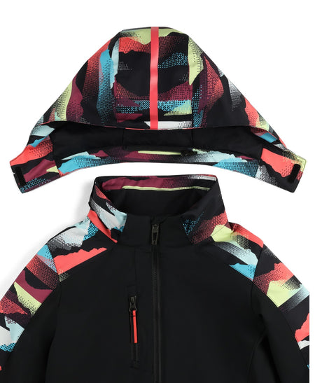 Spyder Mila Junior Jacket 2026 ski jacket -- Black colorway front view on model with hood and cuffs