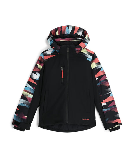 Spyder Mila Junior Jacket 2026 ski jacket -- front view on model showing insulated shell and hood at Willis Ski and Board