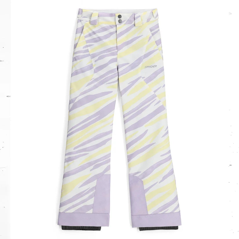 Spyder Olympia Juinor Pant ski pant -- Tiger Violet colorway boot gaiter and cuff detail