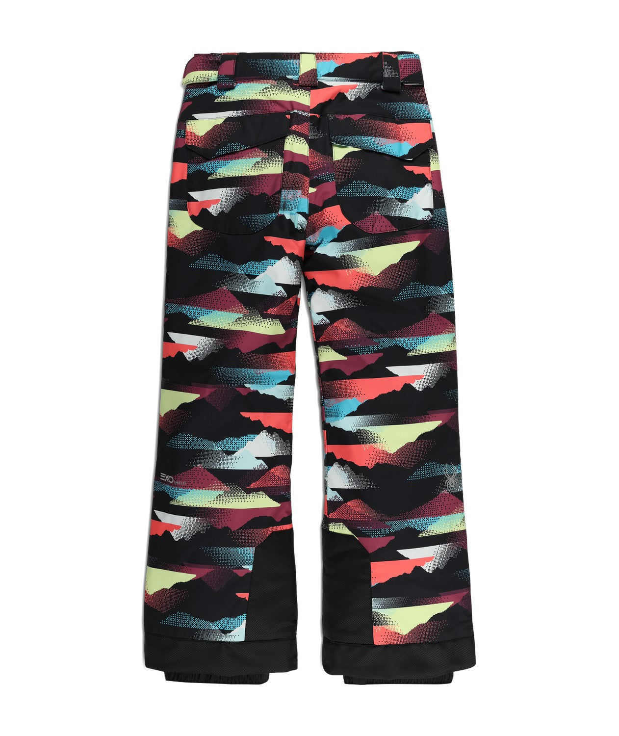 Spyder Olympia Junior Pant 2026 ski pant -- Mountain Print colorway front view on model