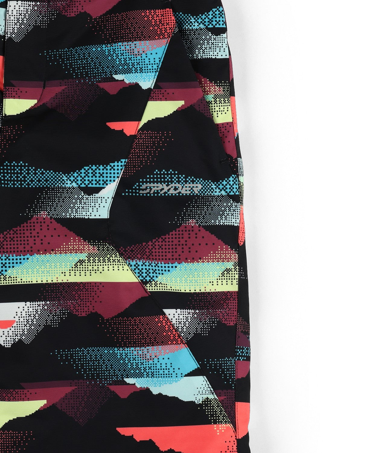 Spyder Olympia Junior Pant 2026 ski pant -- Mountain Print colorway side view showing side zip ventilation