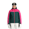 Spyder Optimist Womens Jacket ski jacket -- Cypress Green colorway front view on model with hood and cuffs