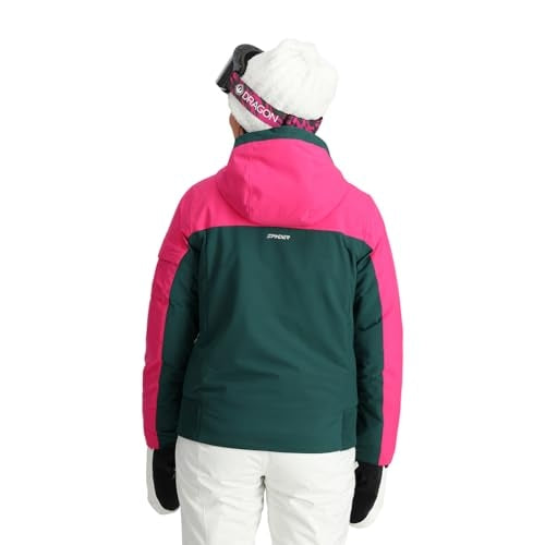 Spyder Optimist Womens Jacket ski jacket -- Cypress Green colorway front view on model with hood and cuffs