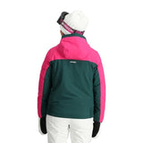 Spyder Optimist Womens Jacket ski jacket -- Cypress Green colorway front view on model with hood and cuffs