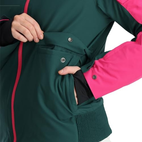 Spyder Optimist Womens Jacket ski jacket -- Cypress Green 2 colorway outside profile showing zippered pockets and seams