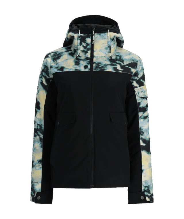 Spyder Optimist Womens Jacket ski jacket -- front view on model showing insulated shell and hood at Willis Ski and Board