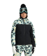 Spyder Optimist Womens Jacket ski jacket -- Black colorway front view on model with hood and cuffs