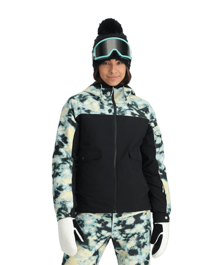 Spyder Optimist Womens Jacket ski jacket -- Black colorway front view on model with hood and cuffs
