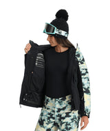 Spyder Optimist Womens Jacket ski jacket -- Black colorway front view on model with hood and cuffs