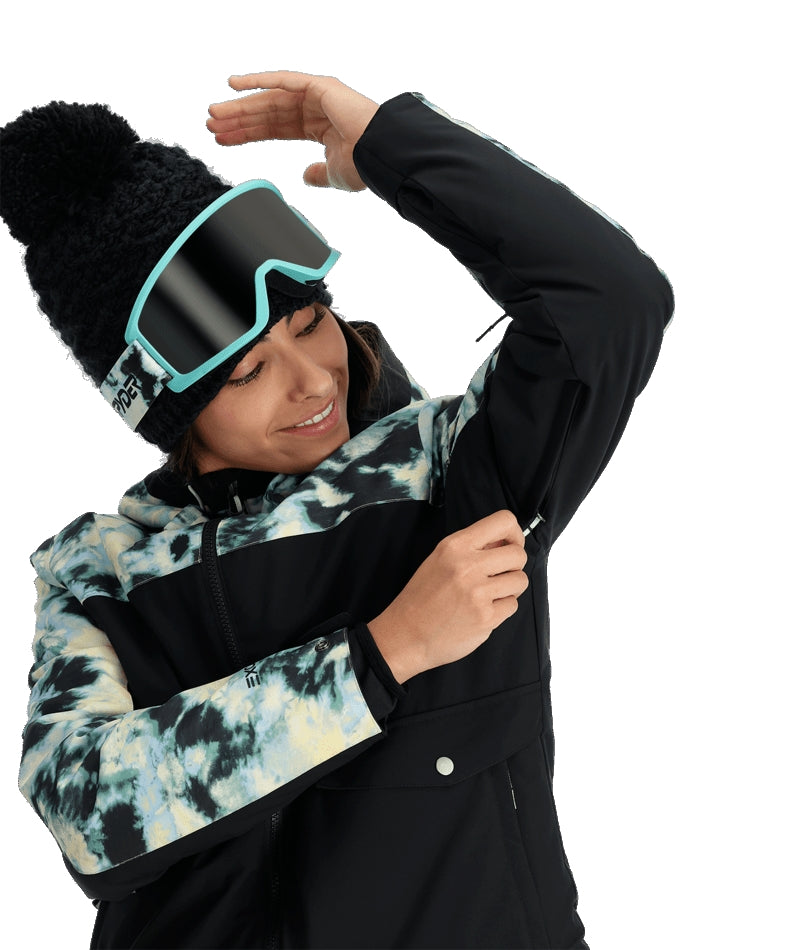 Spyder Optimist Womens Jacket ski jacket -- Black 4 colorway back view showing articulated powder skirt and fit