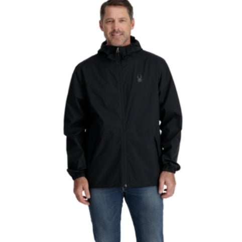 Spyder Pitch Shell Jacket Mens ski jacket -- front view on model showing insulated shell and hood at Willis Ski and Board
