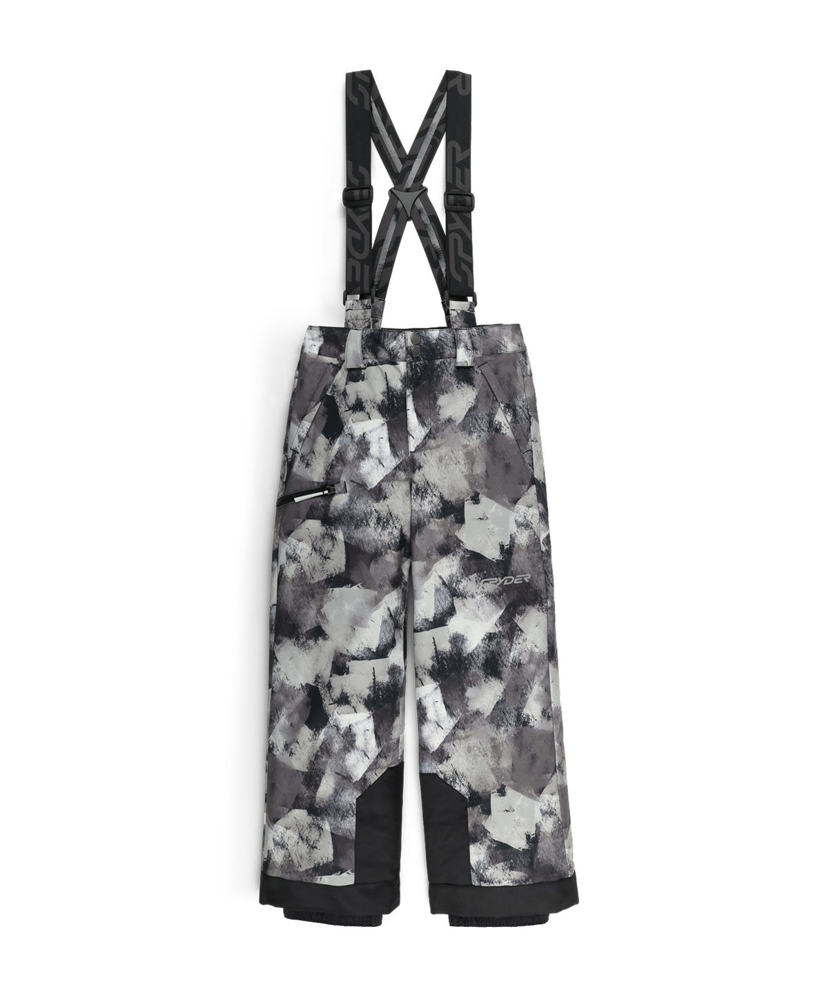 Spyder Propulsion Junior Pant 2026 ski pant -- Black Camo colorway boot gaiter and cuff detail