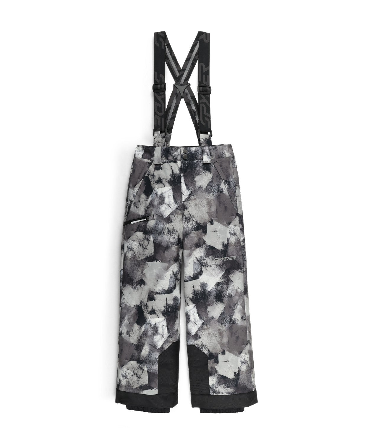Spyder Propulsion Junior Pant 2026 ski pant -- Black Camo colorway boot gaiter and cuff detail