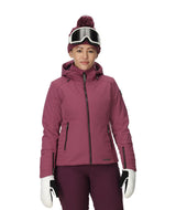 Spyder Schatzi Womens Jacket 2026 ski jacket -- Acai colorway front view on model with hood and cuffs