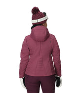 Spyder Schatzi Womens Jacket 2026 ski jacket -- Acai colorway front view on model with hood and cuffs