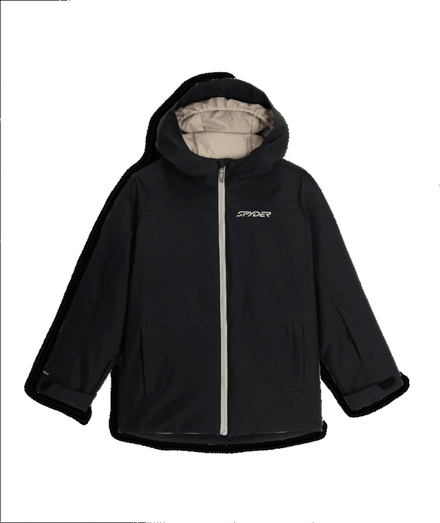 Spyder Slash Junior Jacket ski jacket -- front view on model showing insulated shell and hood at Willis Ski and Board