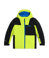 Spyder Slash junior jacket in lime yellow and black with a blue zipper, front view with the hood up and a blue lining.