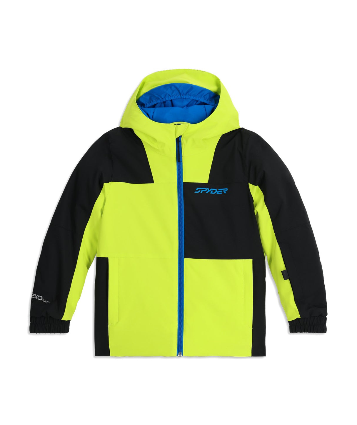 Spyder Slash Junior Jacket 2026 ski jacket -- front view on model showing insulated shell and hood at Willis Ski and Board