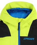 Spyder Slash Junior Jacket 2026 ski jacket -- Lime colorway front view on model with hood and cuffs