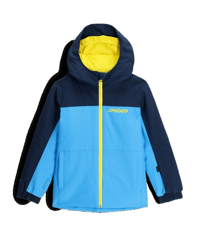 Spyder Slash Toddler Jacket ski jacket -- front view on model showing insulated shell and hood at Willis Ski and Board