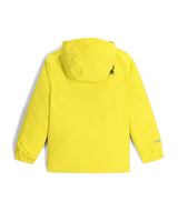 Spyder Slash Toddler Jacket ski jacket -- Acid Yellow 3 colorway front view on model with hood and cuffs