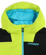 Spyder Slash Toddler Jacket 2026 ski jacket -- Lime 3 colorway front view on model with hood and cuffs