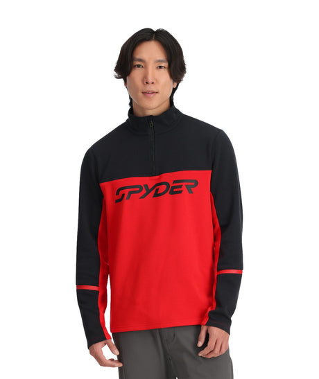 Spyder Speed 1/2 Zip Mens Fleece 2026 mid layer -- Spyder Red colorway front view on model