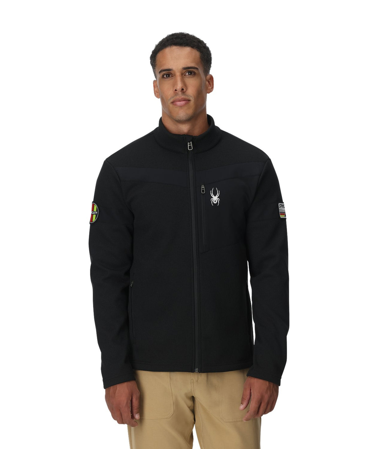 Spyder Wengen Bandit Mens Jacket 2026 ski jacket -- Black colorway front view on model with hood and cuffs