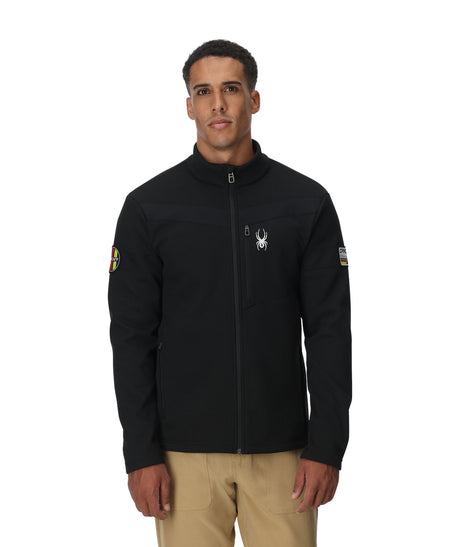 Spyder Wengen Bandit Mens Jacket 2026 ski jacket -- Black colorway front view on model with hood and cuffs