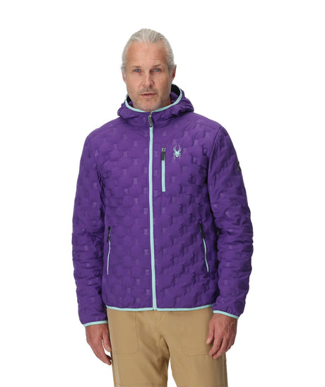 Spyder Zenith Hooded Down Mens Jacket 2026 ski jacket -- Deep Purple colorway outside profile showing zippered pockets and