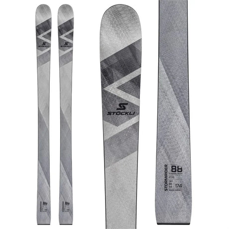 Stockli Stormrider 88 skis in light and dark gray, top and base view with the S logo and the 88 label on the tails. Available at Willi's Ski Shop.
