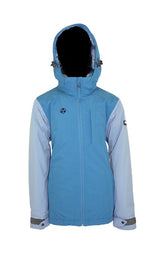 Turbine Iris junior jacket in blue with light lavender sleeves, front view with the hood up and a zip front. Come in to Willi's Ski and Board.