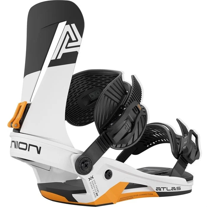 Union Atlas Snowboard Bindings 2026 snowboard binding -- White Orange Med colorway top view showing highback and straps