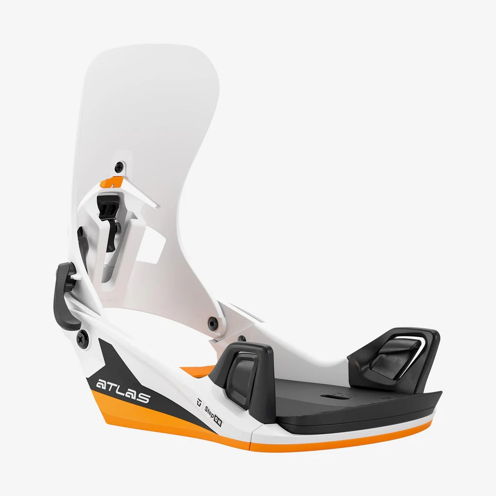 Union Atlas Step On Snowboard Bindings 2026 snowboard binding -- White Orange Med colorway top view showing highback and