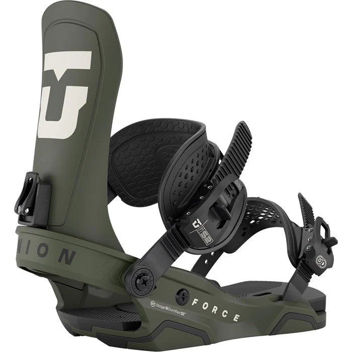 Union Force Snowboard Bindings 2026 snowboard binding -- Army Green Med colorway top view showing highback and straps