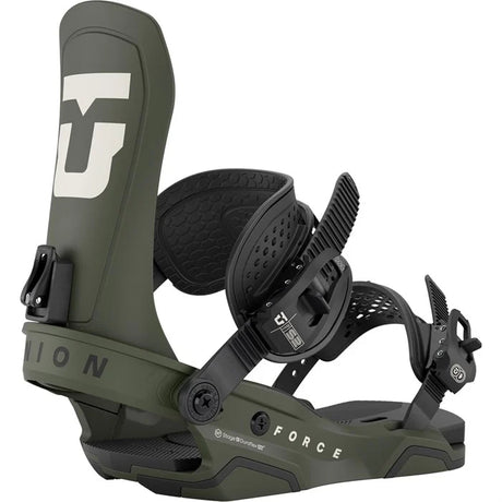 Union Force Snowboard Bindings 2026 snowboard binding -- Army Green Med colorway top view showing highback and straps