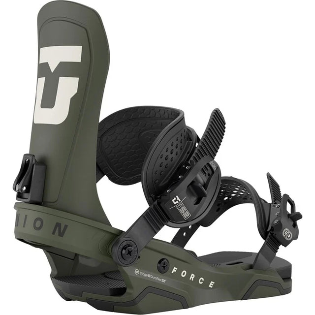 Union Force Snowboard Bindings 2026 snowboard binding -- Army Green Med colorway top view showing highback and straps