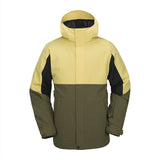 Volcom Brighton full zip men's jacket in yellow, olive green and black, front view with the hood up and a zip front. Come in to Willi's Ski and Board.