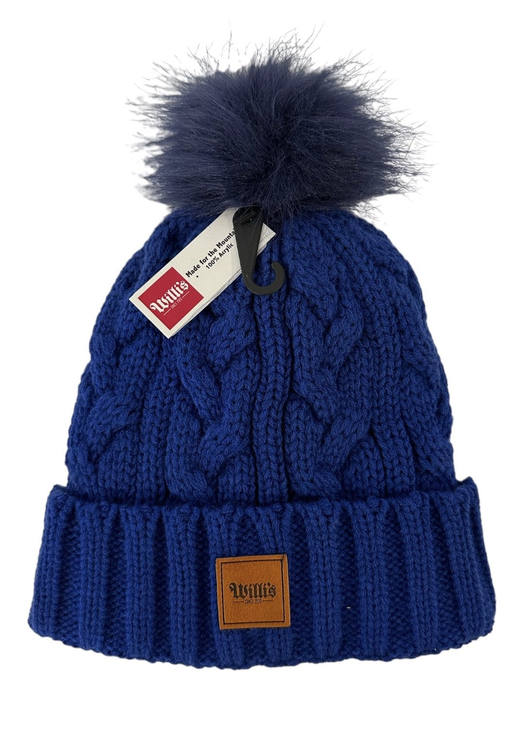 Willis Sophie Hat Jr accessories -- front view of Willis branded junior pom beanie hat