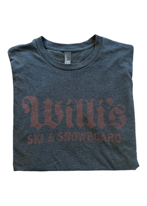 Willis Jr T-shirt accessories -- front view flat lay of Willis Ski and Board branded youth tee