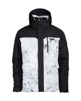 XTM Knox men's jacket in black and white marble print, front view with the hood up, a zip front and two large flap pockets.