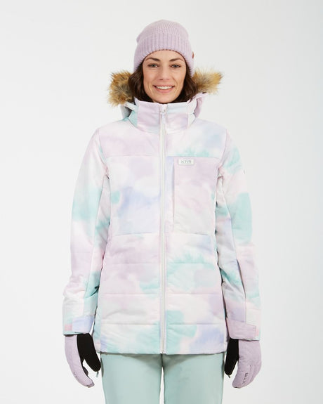 Xtm Province Womens Jacket 2025 ski jacket -- Clouds colorway front view on model with hood and cuffs