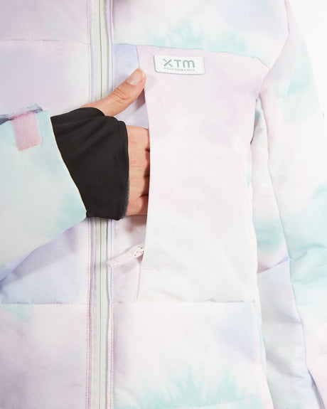 Xtm Province Womens Jacket 2025 ski jacket -- Clouds colorway back view showing articulated powder skirt and fit