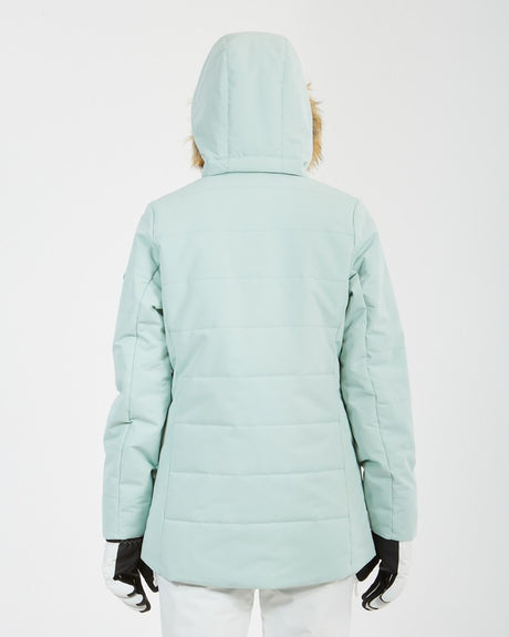 Xtm Province Womens Jacket 2025 ski jacket -- Cool Mint colorway lifestyle view showing full jacket silhouette