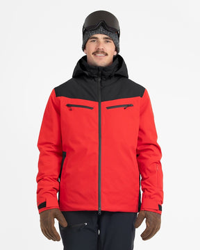 Xtm Quantum Mens Jacket 2026 ski jacket -- Crimson Red colorway front view on model with hood and cuffs