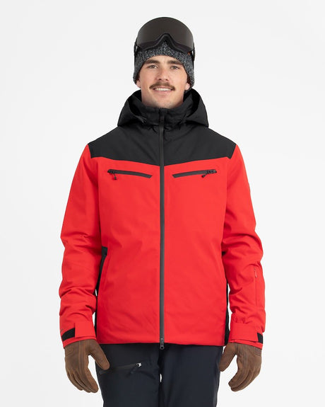 Xtm Quantum Mens Jacket 2026 ski jacket -- Crimson Red colorway front view on model with hood and cuffs